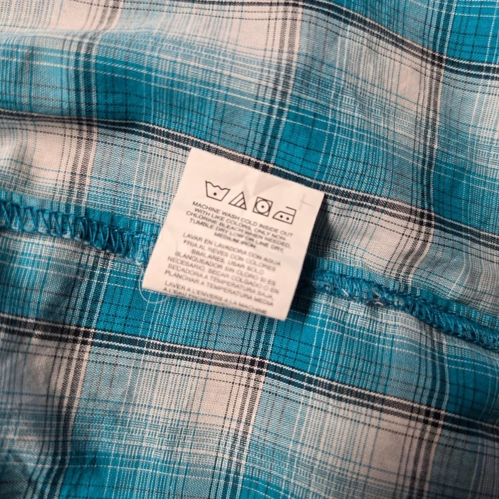 Wrangler Pearl Snap Shirt Mens 2XL Plaid Turquoise Blue Short Sleeve Western